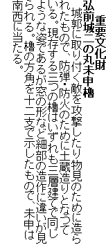 重要文化財
弘前城二の丸未申櫓
城郭に取り付く敵を攻撃したり物見のために造られたもので、防弾・防火のために土蔵造りとなつている。現存する三つの櫓はいずれも三層建てで同じような姿であるが窓の形など細部の造作に違いが見られる。櫓の方角を十二支で示したもので、未申は南西に当たる。