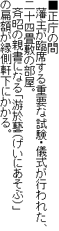 ■正庁の間
藩主が臨席する重要な試験・儀式が行われた、二十四畳敷の部屋。
斉昭の親書になる「游於藝(げいにあそぶ)」の扁額が縁側軒下にかかる。